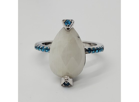 Pear Shaped Rainbow Moonstone With Neon Appitite, Rhodium Over Sterling Ring