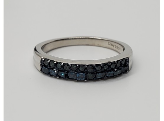 Blue Diamond 2 Row Band Ring In Rhodium & Platinum Over Sterling