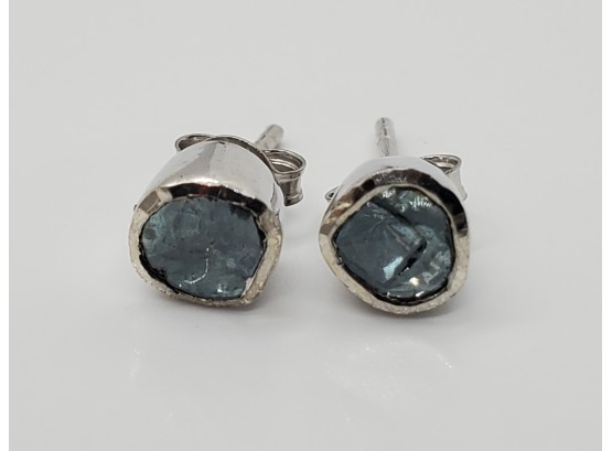 Polki Blue Diamond Earrings In Platinum Over Sterling