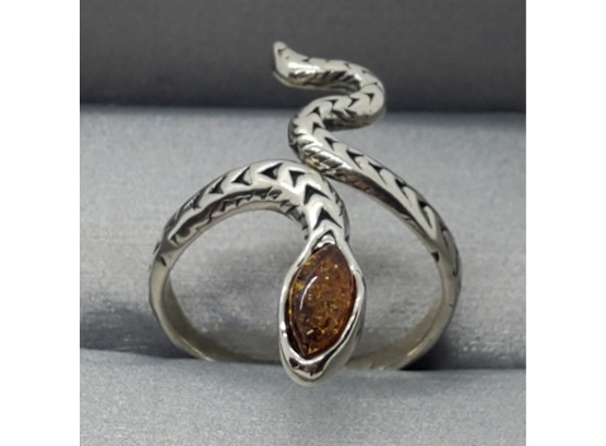 Baltic Amber Adjustable Snake Ring In Sterling