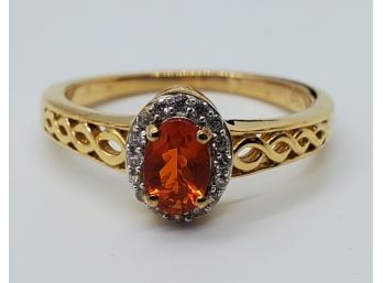 Crimson Fire Opal, Zircon Ring In Yellow Gold Over Sterling