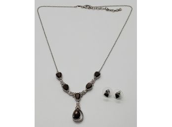 Natural Chocolate Sapphire & Zircon Necklace In Platinum Over Sterling With Stud Earrings