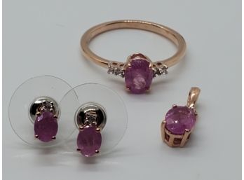 Hot Pink Sapphire & Zircon Ring, Earrings And Pendant In Rose Gold Over Sterling