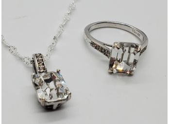 Swarovski White Crystal Ring & Pendant In Sterling