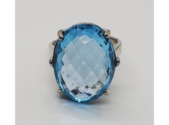 Oval Blue Topaz, Rhodium Over Sterling Ring