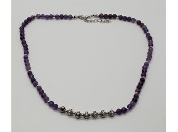Amethyst Beaded Necklace In Silver Tone