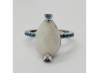 Pear Shaped Rainbow Moonstone With Neon Appitite, Rhodium Over Sterling Ring