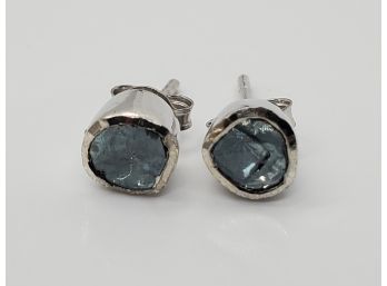 Polki Blue Diamond Earrings In Platinum Over Sterling