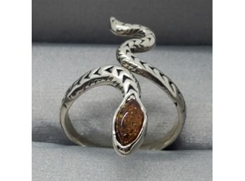 Baltic Amber Adjustable Snake Ring In Sterling