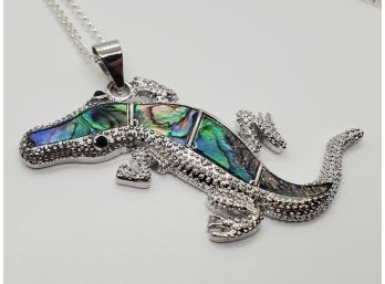 Abalone Shell, Austrian Crystal Alligator Pendant Necklace In Silver Tone