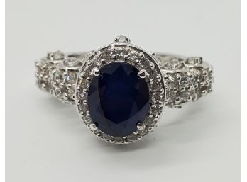Blue Sapphire & Zircon Ring In Platinum Over Sterling