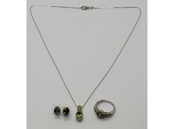 Peridot Earrings, Ring & Pendant Necklace In Platinum Over Sterling