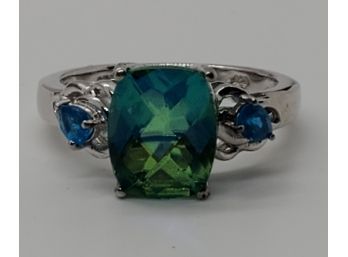 Peacock Quartz, Neon Apatite Ring In Platinum Over Sterling
