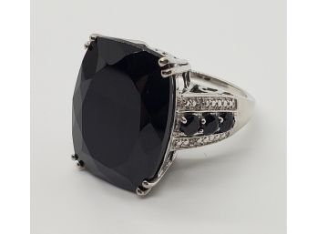 Huge Natural Thai Black Spinel, Diamond Accent Ring In Platinum Over Sterling