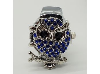 Black & Blue Austrian Crystal Owl Ring Watch In Stainless