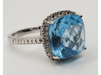 Blue Topaz & White Diamond, Rhodium Over Sterling Ring
