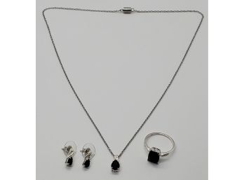 Australian Black Tourmaline Sterling Ring, Earrings & Pendant Necklace