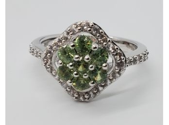 Green Demantoid, White Zircon Sterling Ring