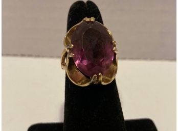 Vintage Gold Tone Cocktail Ring Pronged Amethyst (?) Colored Stone - Size 6