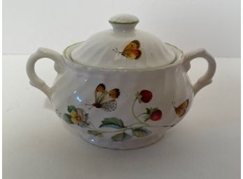 Vintage James Kent Staffordshire Covered Sugar (butterflies And Strawberries And Green Trim)