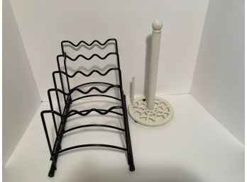 Black Dish Rack And White Ceramic Paper Towel Holder