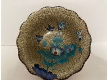 Vintage Chinese Enamel Tan Cloisonne Rice Bowl Blue Floral Decoration