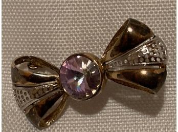 Vintage  Sterling Silver Bow Pin Large Pink Center Stone