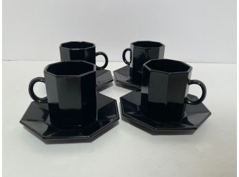 Vintage Arcoroc France Black Octime Espresso Set Of Four (4) Demitasse And Saucers