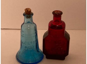 Pair Of Vintage Miniature Depression Era Colored Bottles