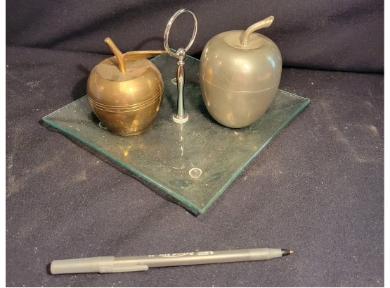 2 Metal Apples On A Glass Candy Tray