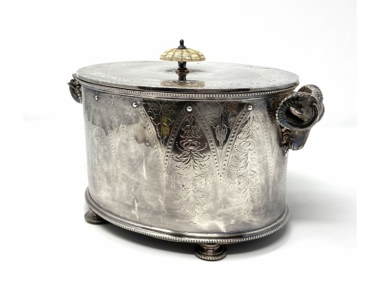 Rare Antique Ram Head Silverplate Tea Caddy / Biscuit Box