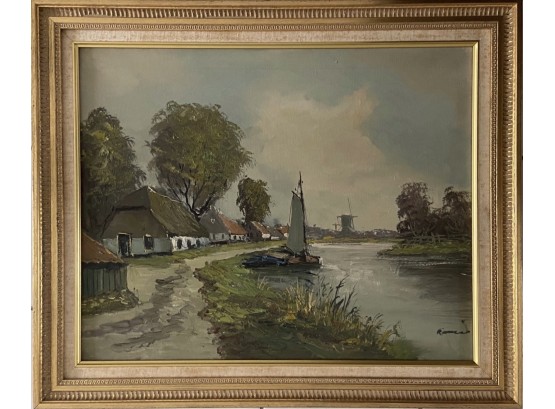 Original Framed Oil Painting Of River Alongside Small Town