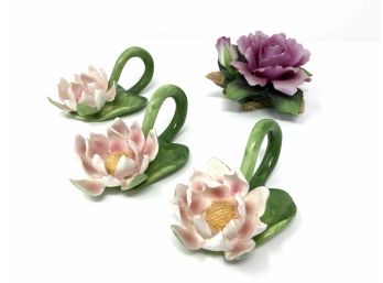 Three Floral Fine Bone China Napkin Holders And One Decorative Floral Figurine