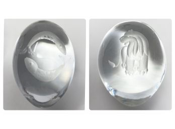 Pair Of Glass Eggs Etched With Astrological Signs (pisces And Leo)