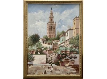 Original Framed Painting Of La Giralda In Saville, Spain By F. Navarro