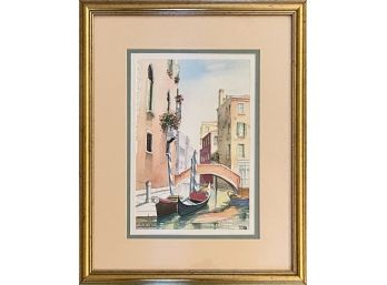 Original Ink-and-watercolor Of Venetian Gondolas, Matted And Framed