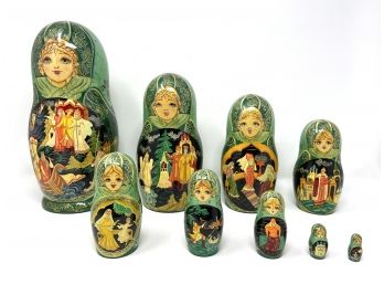 Set Of 9 Hand Painted Russian Matryoshka Dolls