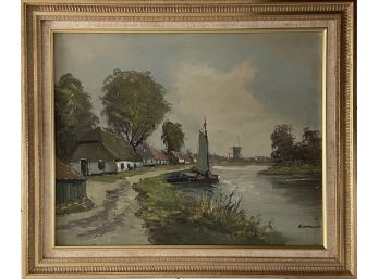 Original Framed Oil Painting Of River Alongside Small Town