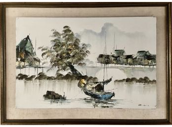 Original Framed Oil Painting Of Boat In Harbor