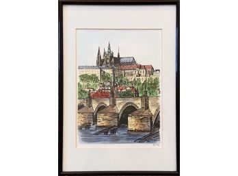 Original Ink-and-watercolor Painting Of Riverside Town, Mounted And Framed