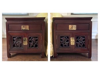 Pair Of Vintage Chinese Rosewood Carved Side Tables Cabinets