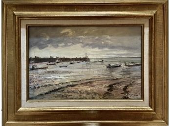 Original Framed Painting Of Boats At Dusk