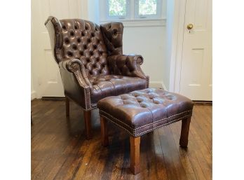 Tufted Leather Wingback Armchair And Ottoman