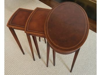 Set Of 3 Vintage Leather Top Wooden Nesting Tables