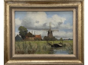 Original Framed Oil Painting Of Windmill Overlooking The Marshes