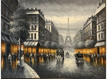 Unsigned Oil On Canvas Paris Street Scene