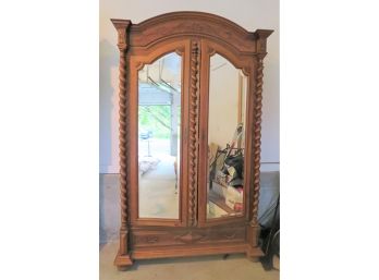 Antique French Carved Wood Barley Twist Mirrored Armoire