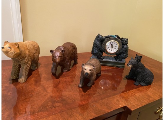 A Group Of Carved Wood And Cast Resin Bear Related Items.