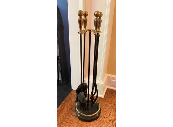 A Set Of Four Pieces Fireplace Tools Plus Stand