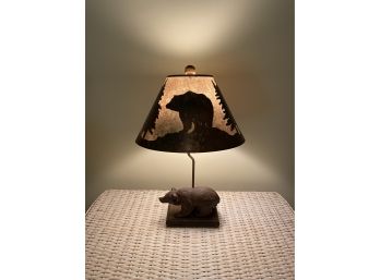 A Unique Carved Wood  Bear Table Lamp With Shade